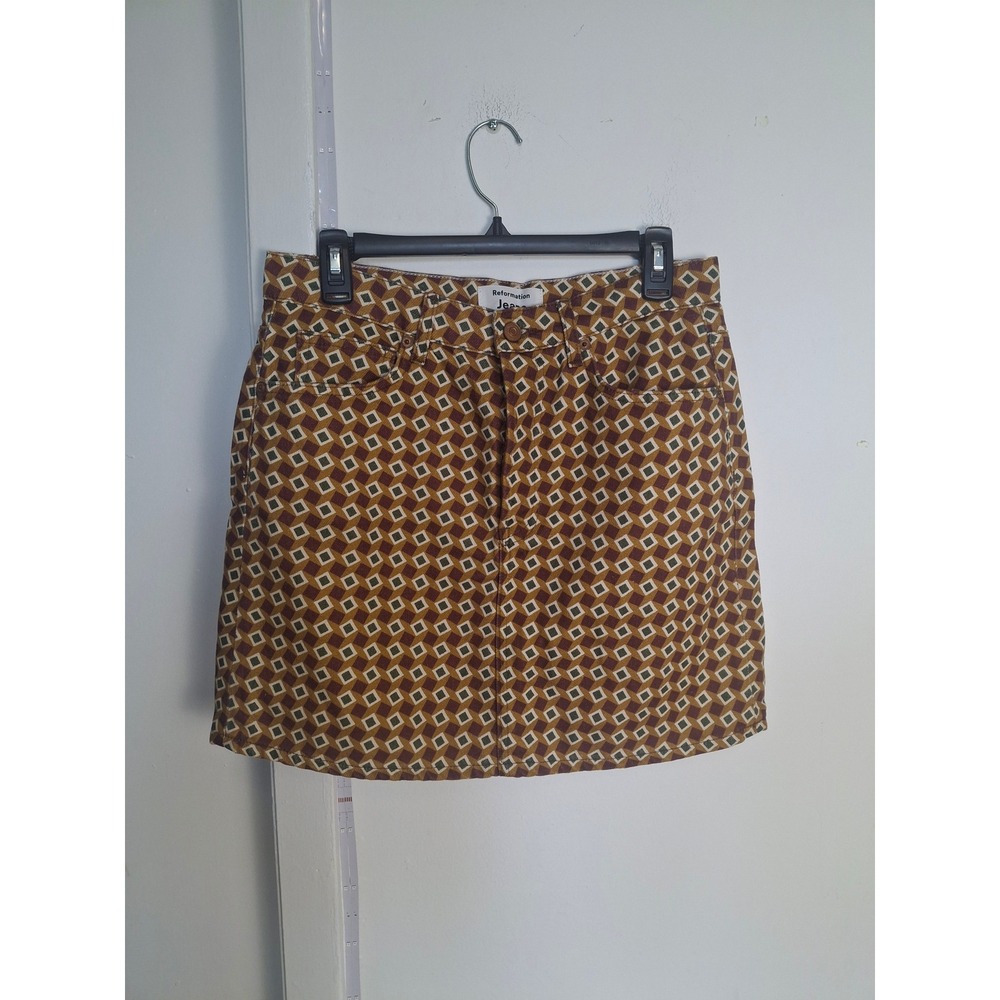 Reformation Jackie High Rise Denim Mini Skirt Mezzanine Geometric Print Size 29